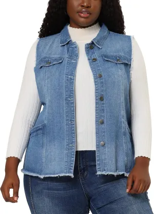 Agnes Orinda Denim Jackets for Women 2025 Plus Size Button Front Lapel Frayed Washed Sleeveless Long Jean Vest