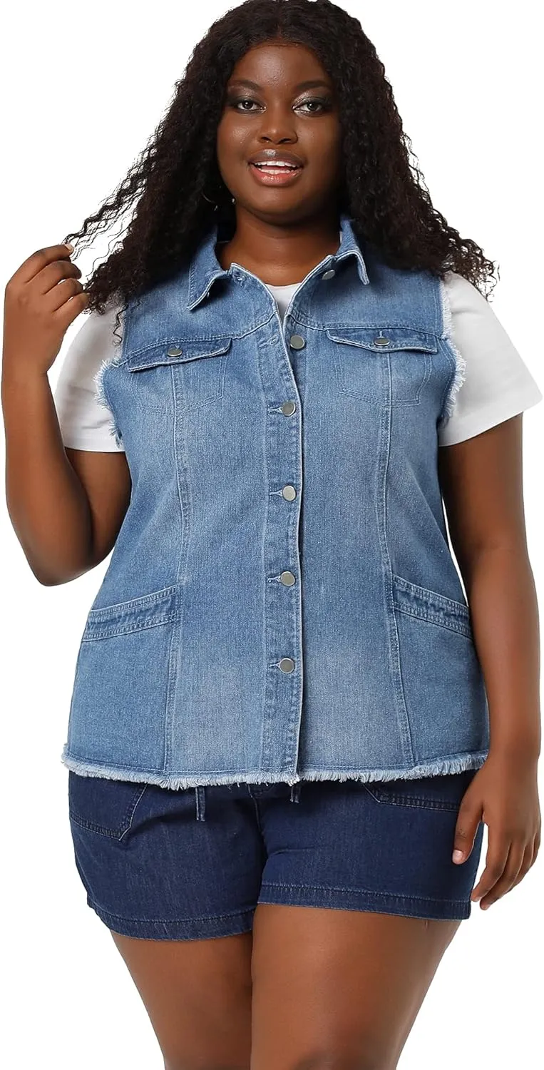 Agnes Orinda Denim Jackets for Women 2025 Plus Size Button Front Lapel Frayed Washed Sleeveless Long Jean Vest