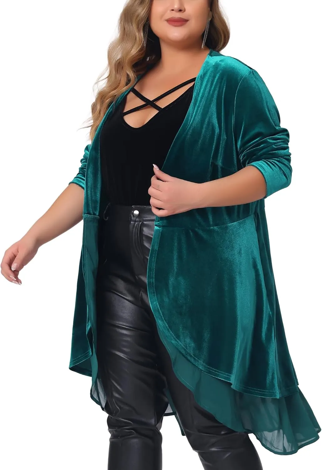 Agnes Orinda Plus Size Cardigan for Women Ruffled Asymmetric Open Front Long Velvet Jackets