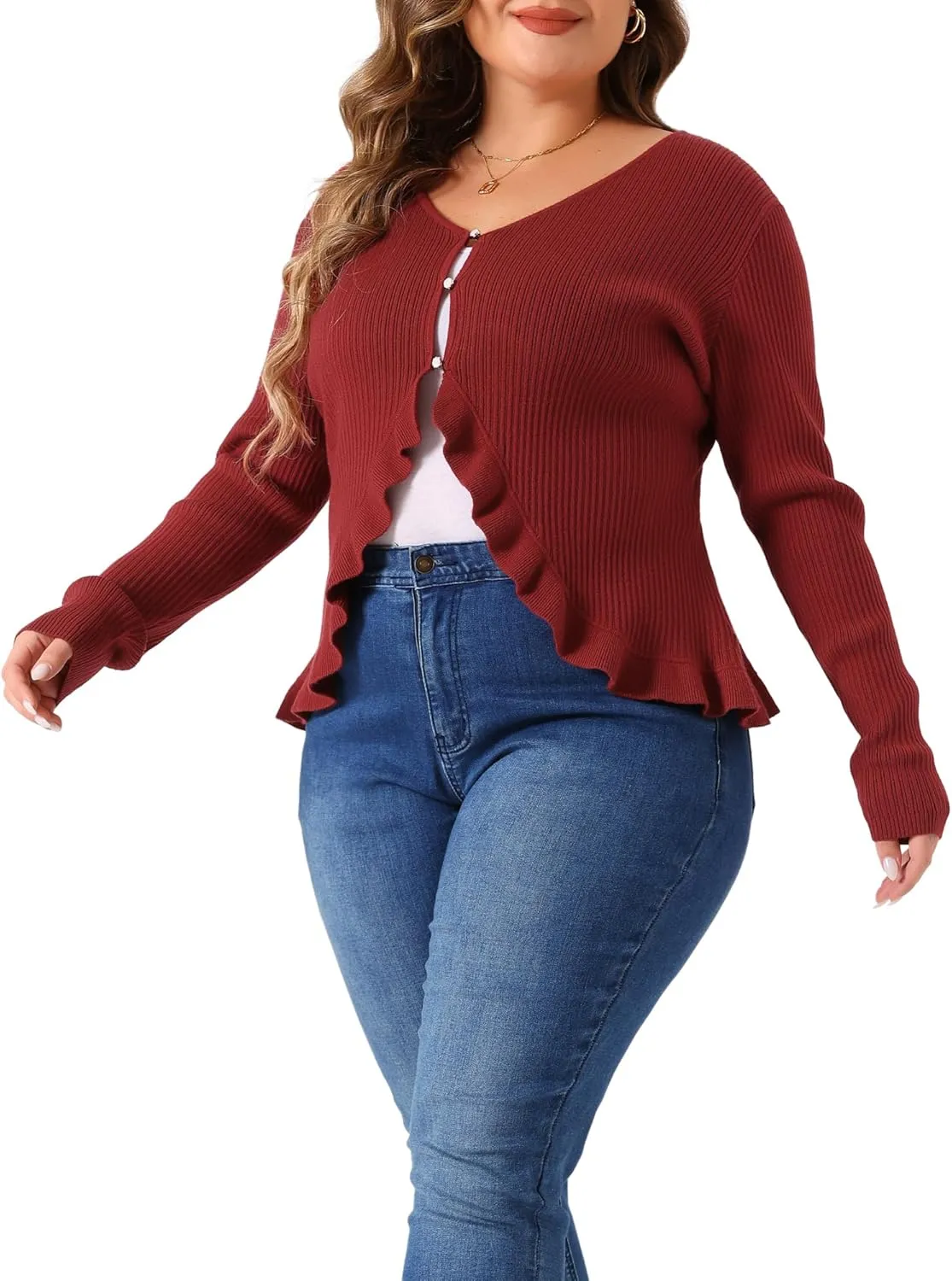 Agnes Orinda Plus Size Cardigans for Women Long Sleeve Knit Sweater Open Front Ruffled Button Cardigan Outerwear