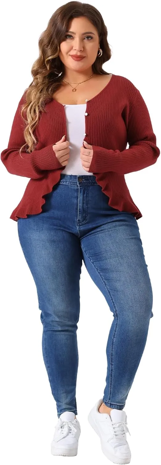 Agnes Orinda Plus Size Cardigans for Women Long Sleeve Knit Sweater Open Front Ruffled Button Cardigan Outerwear