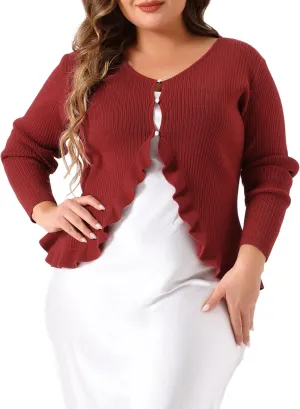 Agnes Orinda Plus Size Cardigans for Women Long Sleeve Knit Sweater Open Front Ruffled Button Cardigan Outerwear