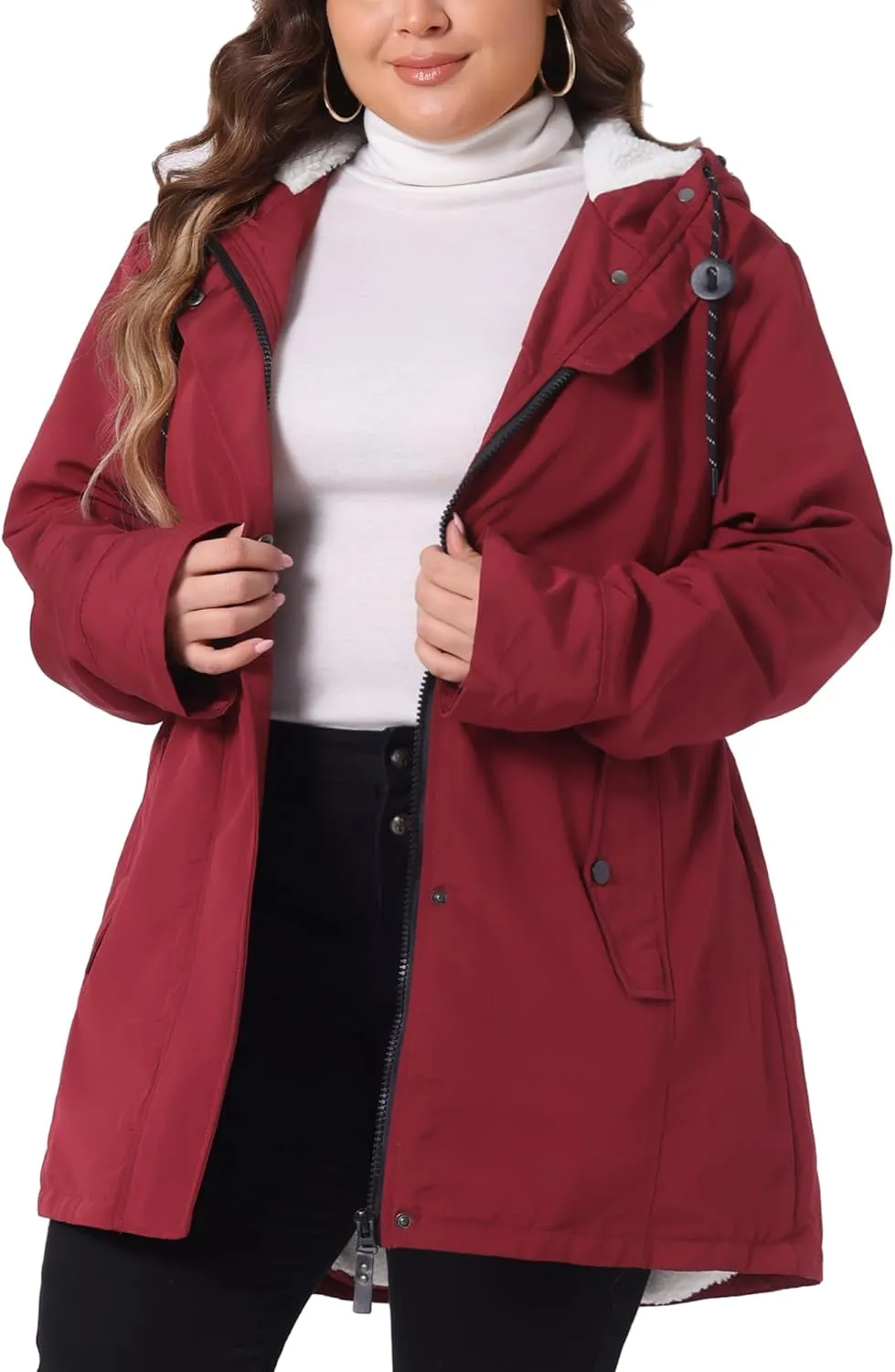 Agnes Orinda Plus Size Coat for Women Faux Lamb Fur Leather Button Down Long Sleeve Hoodie Jacket Outerwear with Pockets