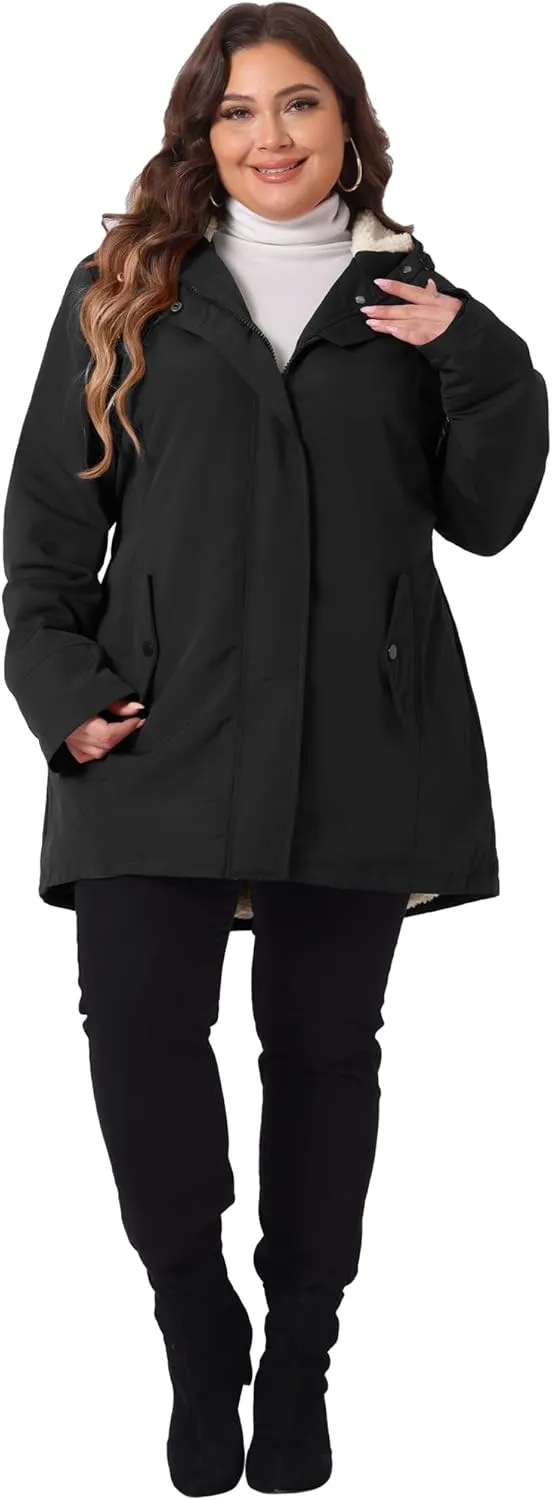 Agnes Orinda Plus Size Coat for Women Faux Lamb Fur Leather Button Down Long Sleeve Hoodie Jacket Outerwear with Pockets