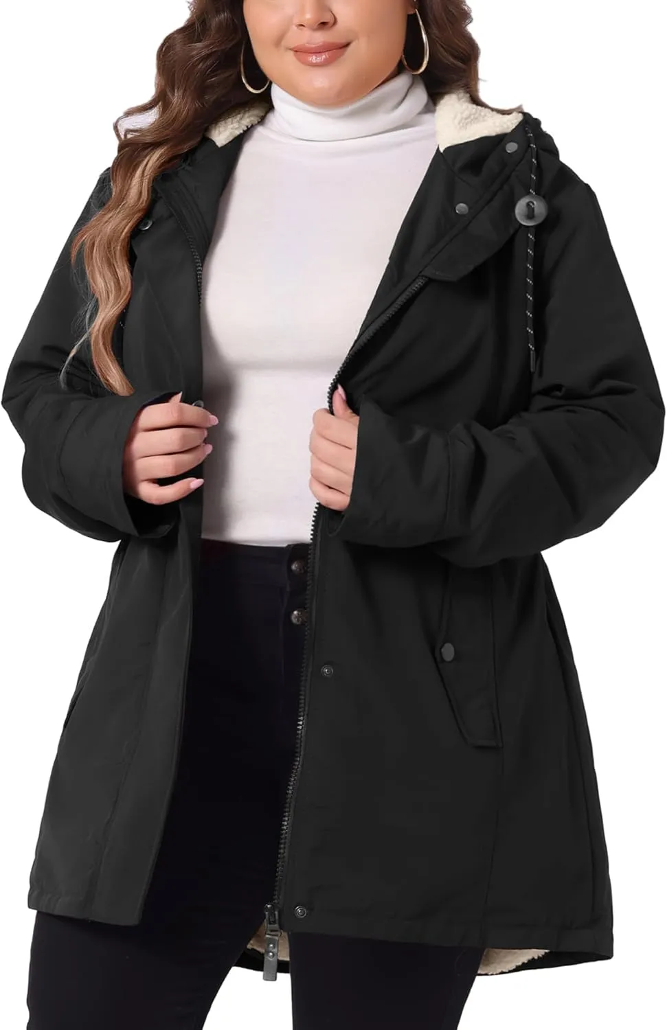 Agnes Orinda Plus Size Coat for Women Faux Lamb Fur Leather Button Down Long Sleeve Hoodie Jacket Outerwear with Pockets