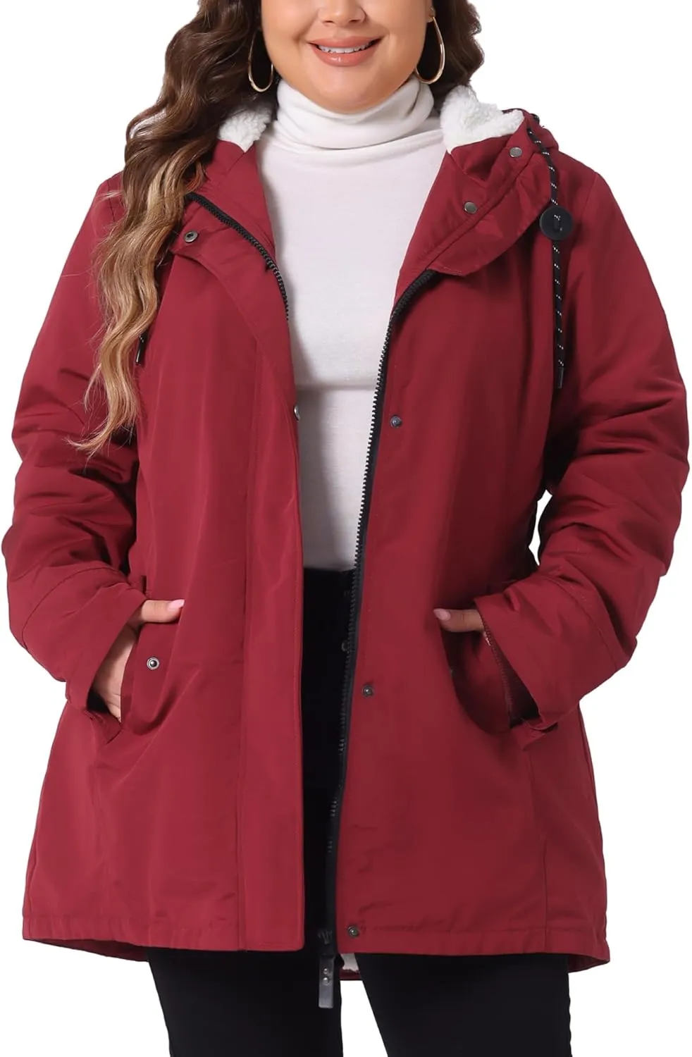 Agnes Orinda Plus Size Coat for Women Faux Lamb Fur Leather Button Down Long Sleeve Hoodie Jacket Outerwear with Pockets