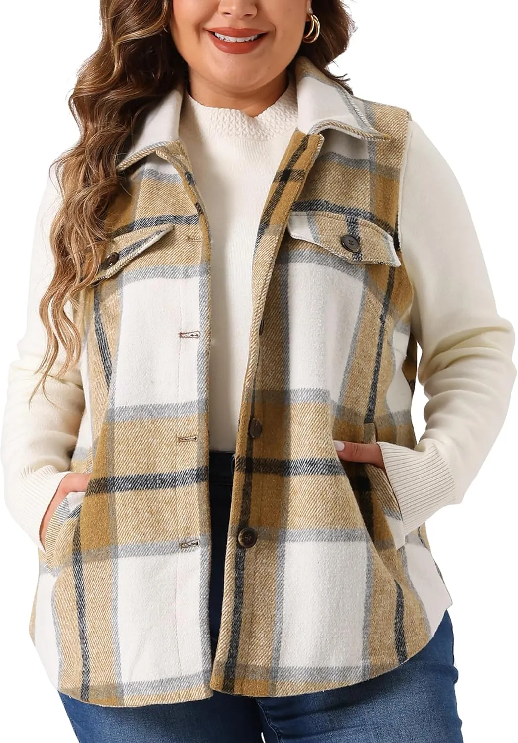 Agnes Orinda Plus Size Coat for Women Plaid Vest Coat Slash Pocket Sleeveless Button Down Jacket Outerwear