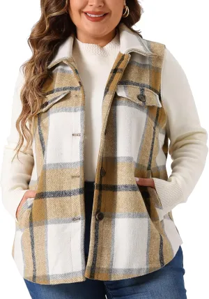 Agnes Orinda Plus Size Coat for Women Plaid Vest Coat Slash Pocket Sleeveless Button Down Jacket Outerwear