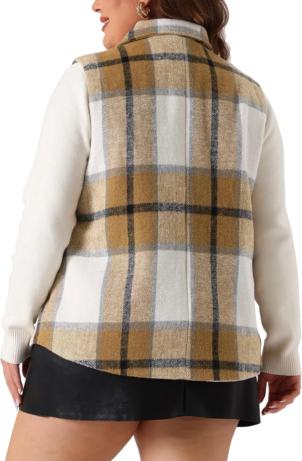 Agnes Orinda Plus Size Coat for Women Plaid Vest Coat Slash Pocket Sleeveless Button Down Jacket Outerwear