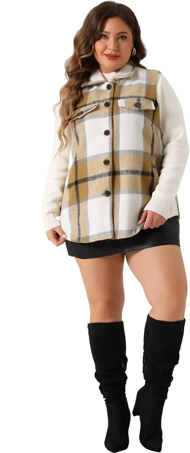 Agnes Orinda Plus Size Coat for Women Plaid Vest Coat Slash Pocket Sleeveless Button Down Jacket Outerwear