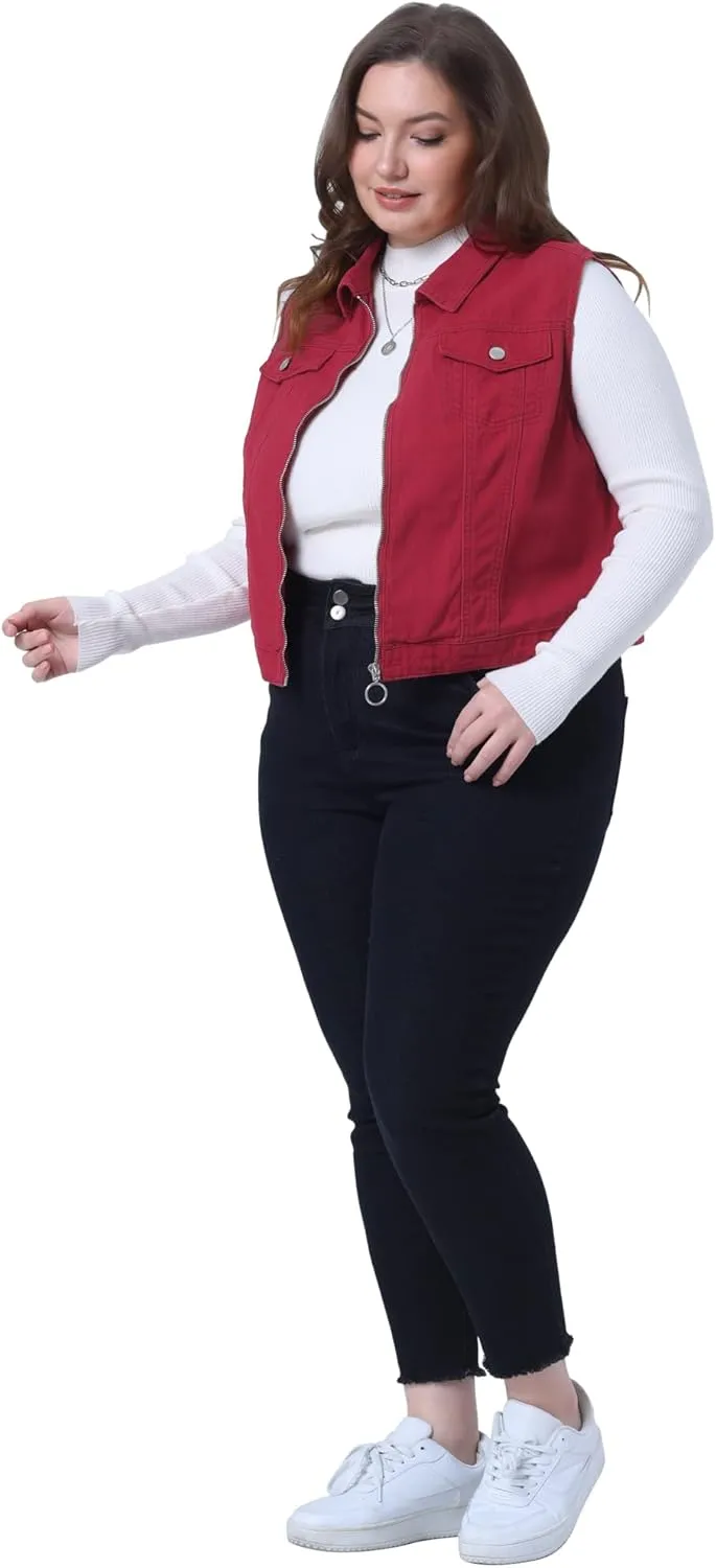 Agnes Orinda Plus Size Denim Vest for Women Sleeveless Zip Up Button Down Waistcoat Jeans Jackets Vests