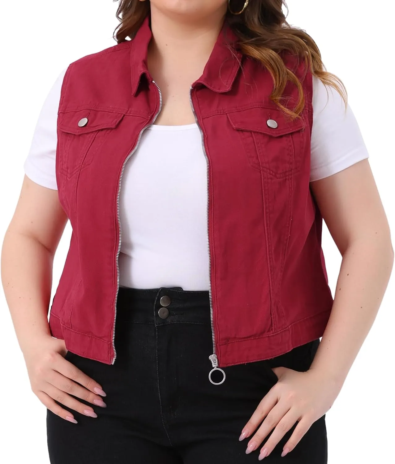 Agnes Orinda Plus Size Denim Vest for Women Sleeveless Zip Up Button Down Waistcoat Jeans Jackets Vests