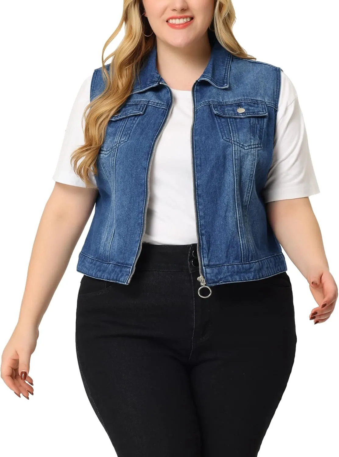 Agnes Orinda Plus Size Denim Vest for Women Sleeveless Zip Up Button Down Waistcoat Jeans Jackets Vests
