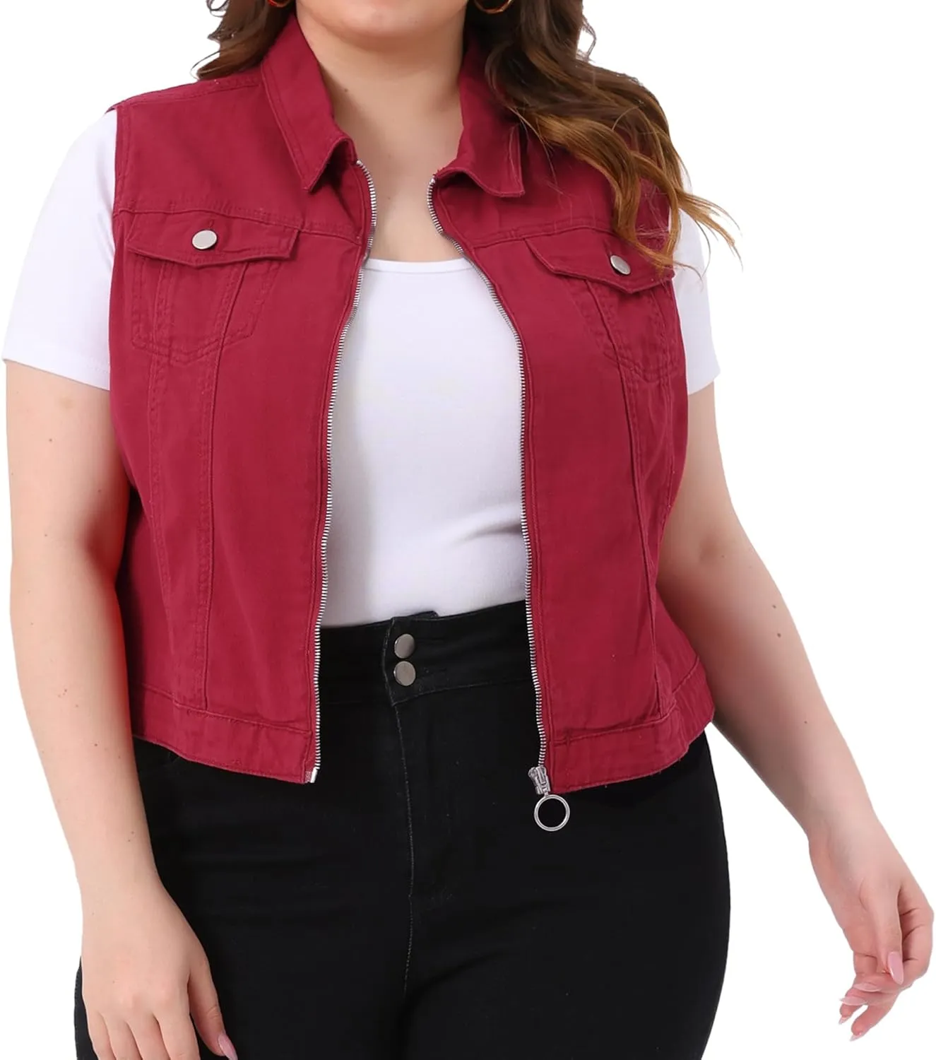 Agnes Orinda Plus Size Denim Vest for Women Sleeveless Zip Up Button Down Waistcoat Jeans Jackets Vests