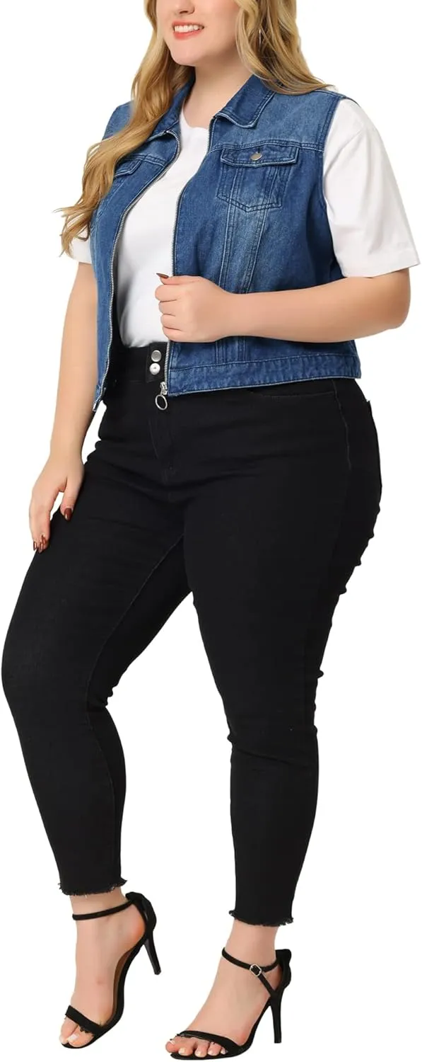 Agnes Orinda Plus Size Denim Vest for Women Sleeveless Zip Up Button Down Waistcoat Jeans Jackets Vests