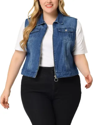 Agnes Orinda Plus Size Denim Vest for Women Sleeveless Zip Up Button Down Waistcoat Jeans Jackets Vests