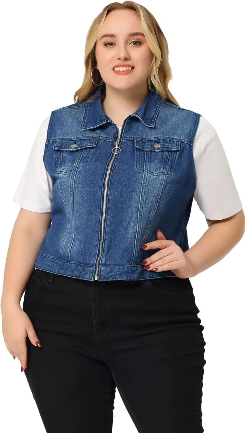 Agnes Orinda Plus Size Denim Vest for Women Sleeveless Zip Up Button Down Waistcoat Jeans Jackets Vests