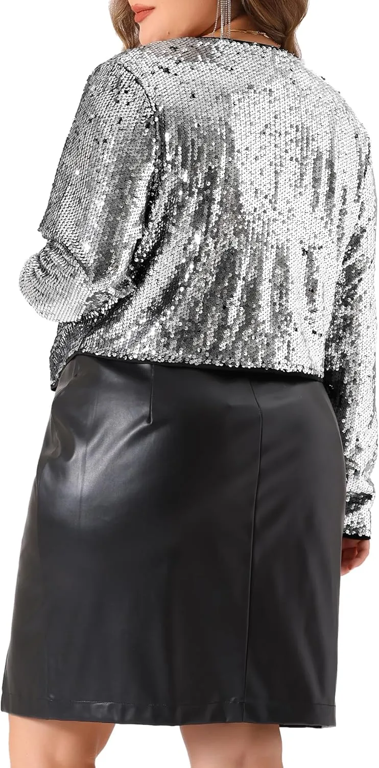 Agnes Orinda Plus Size Sequin Cardigan for Women Glitter Shinny Metallic Long Sleeve Shrug Bolero Cardigans Jackets
