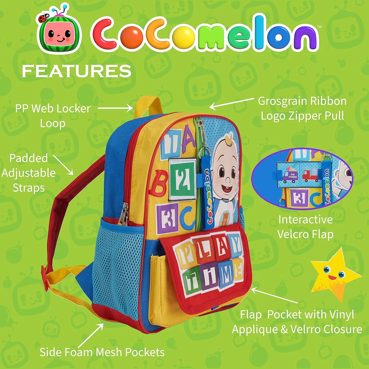 AI ACCESSORY INNOVATIONS Cocomelon JJ's Playtime Interactive Mini Backpack for Boys and Girls, Pre-school Schoolbag with Padded Back and Adjustable Straps, Versatile 12