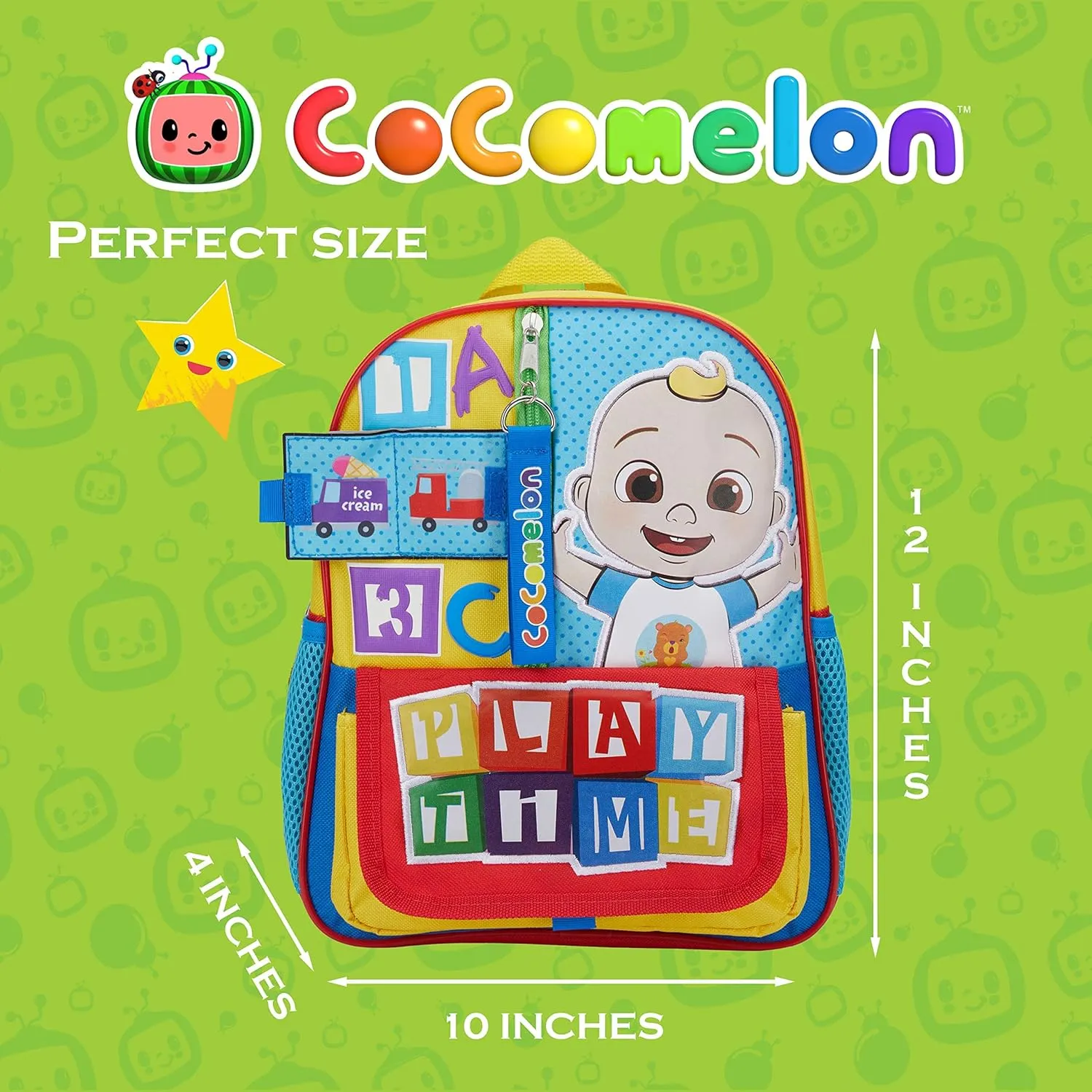 AI ACCESSORY INNOVATIONS Cocomelon JJ's Playtime Interactive Mini Backpack for Boys and Girls, Pre-school Schoolbag with Padded Back and Adjustable Straps, Versatile 12