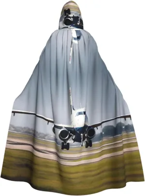 Airplane in Flight Print Halloween Hooded Cloak Hooded Cape Adult Halloween Costume Cosplay Witch Cloak with Extra Comfort Black