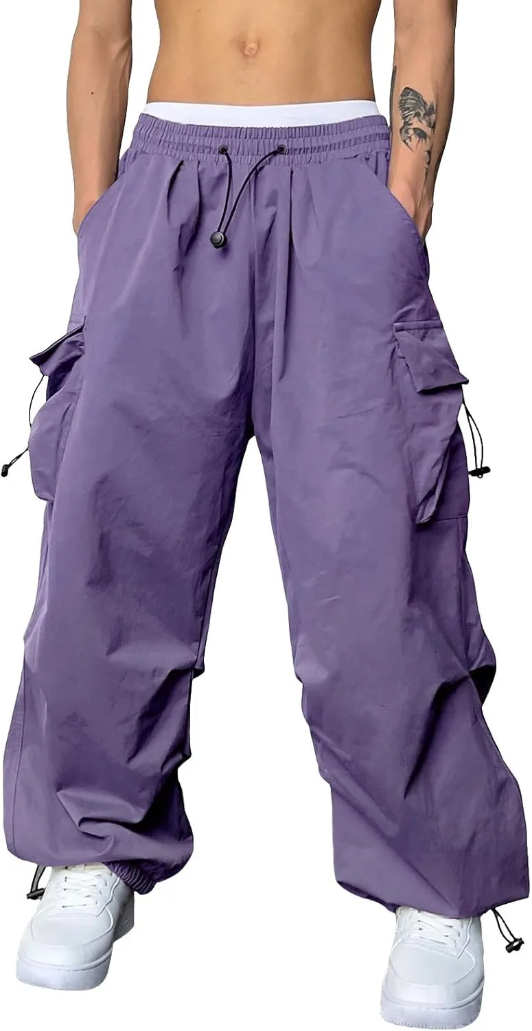 Alalaso Men's Baggy Cargo Pants Trendy Casual Parachute Pants Loose Fit Harem Joggers with Pockets for Streetwear