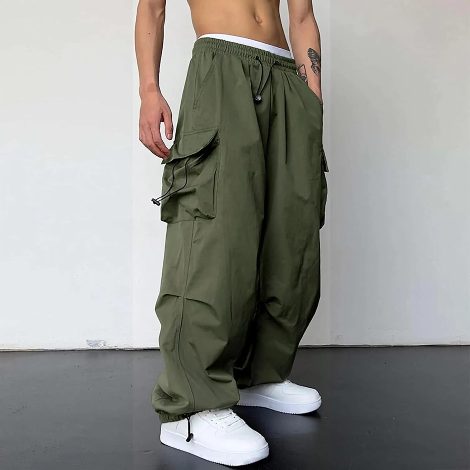 Alalaso Men's Baggy Cargo Pants Trendy Casual Parachute Pants Loose Fit Harem Joggers with Pockets for Streetwear