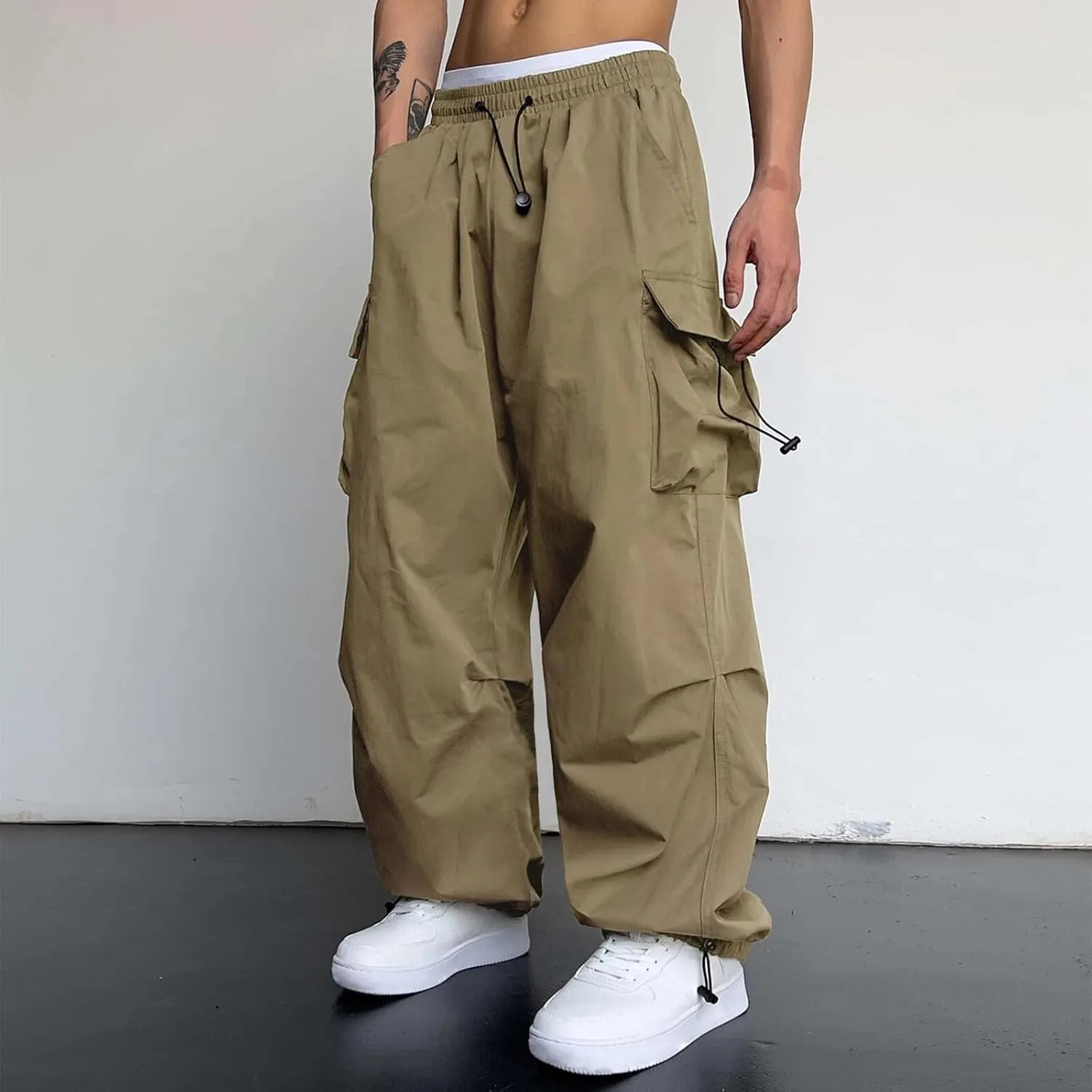 Alalaso Men's Baggy Cargo Pants Trendy Casual Parachute Pants Loose Fit Harem Joggers with Pockets for Streetwear
