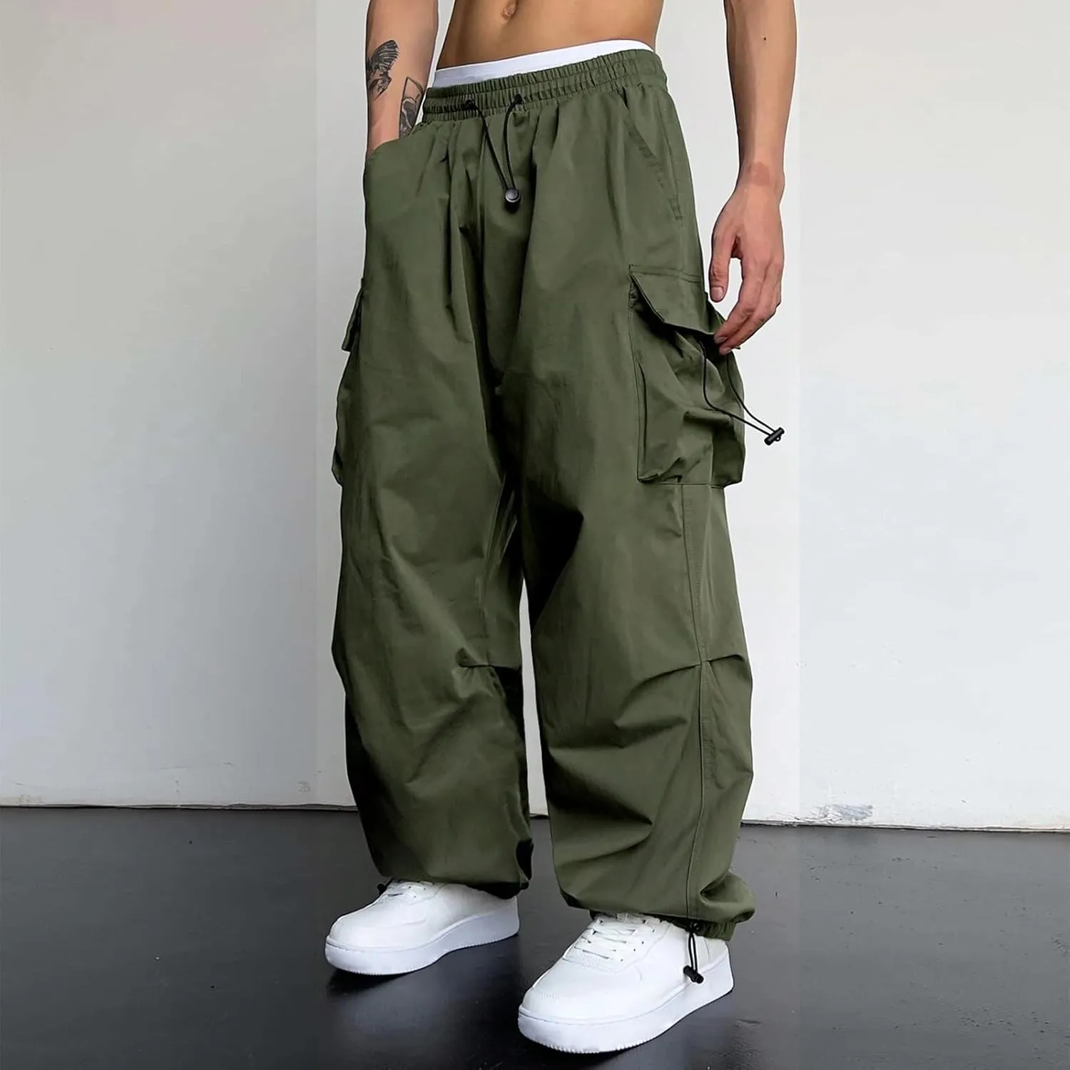 Alalaso Men's Baggy Cargo Pants Trendy Casual Parachute Pants Loose Fit Harem Joggers with Pockets for Streetwear