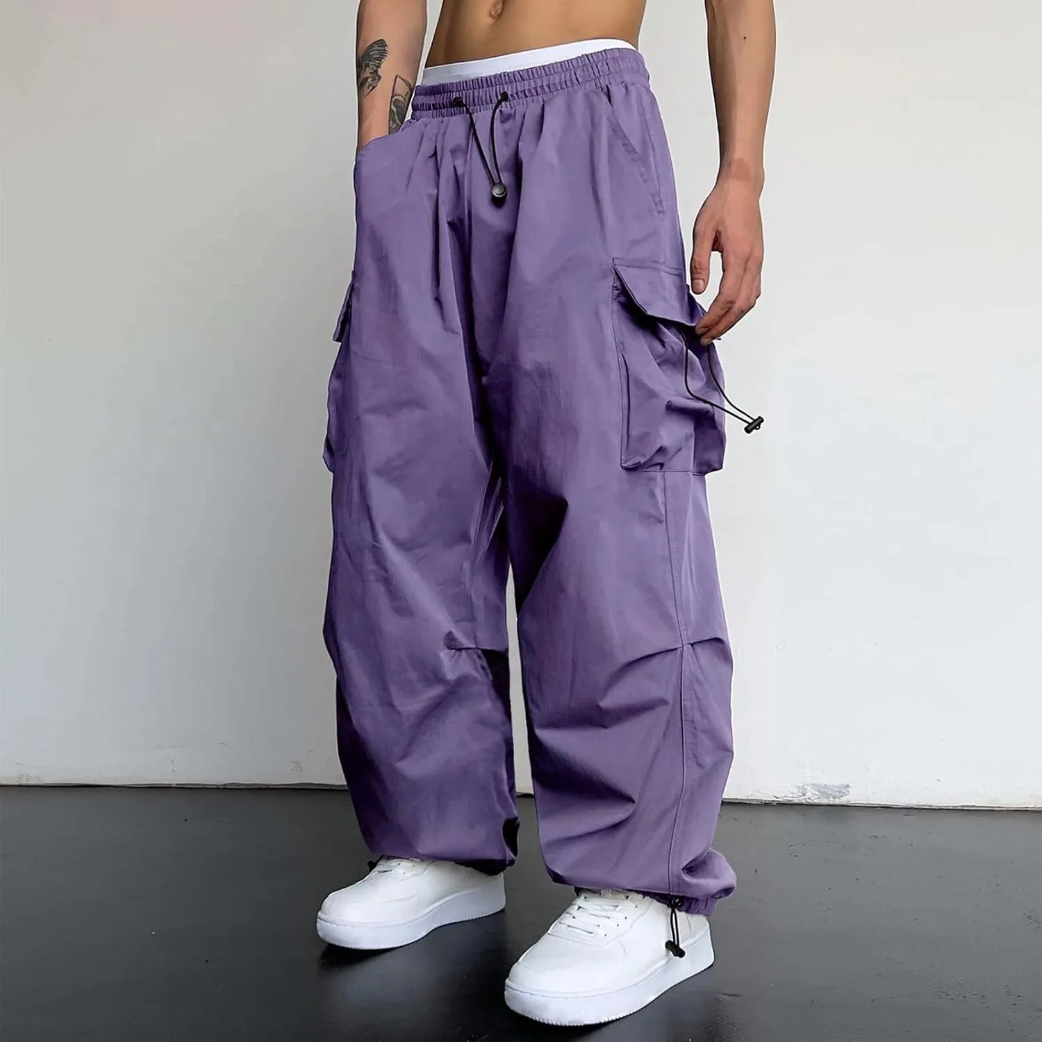 Alalaso Men's Baggy Cargo Pants Trendy Casual Parachute Pants Loose Fit Harem Joggers with Pockets for Streetwear