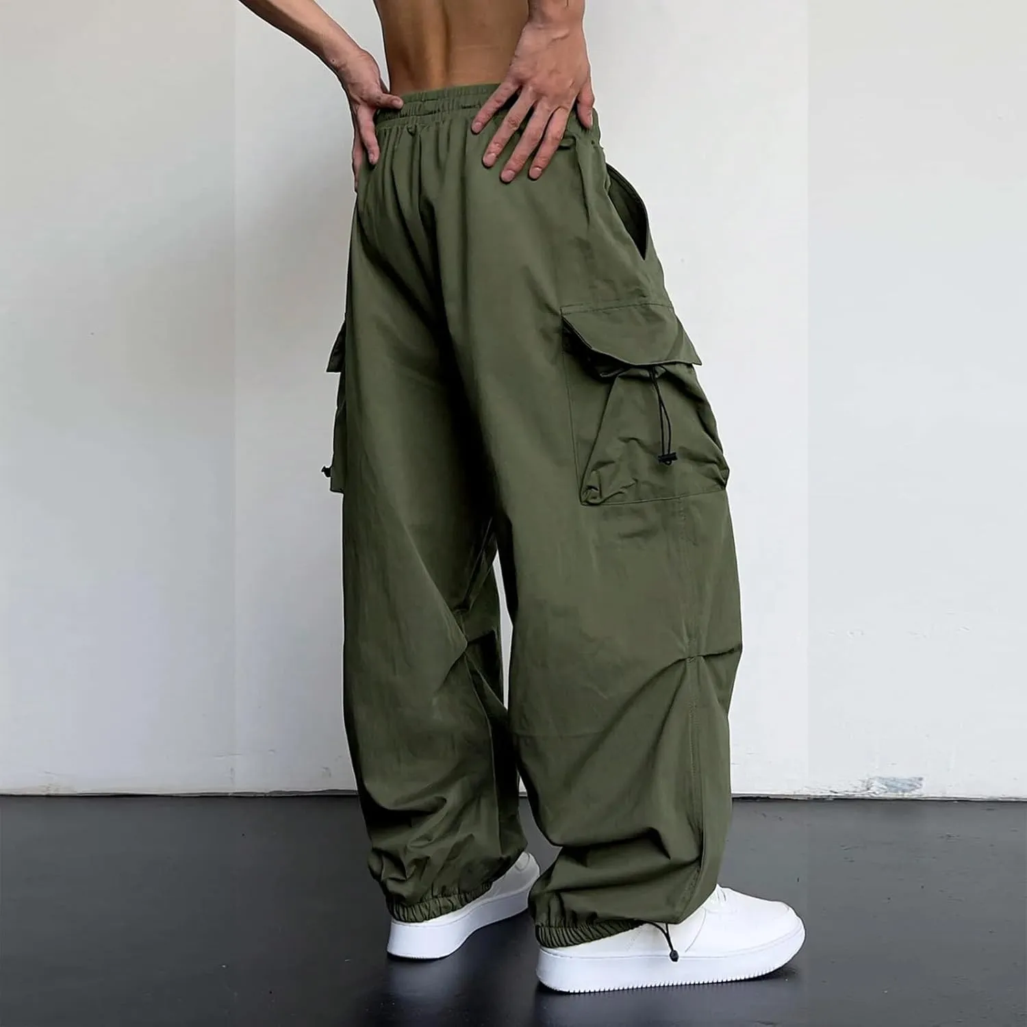 Alalaso Men's Baggy Cargo Pants Trendy Casual Parachute Pants Loose Fit Harem Joggers with Pockets for Streetwear