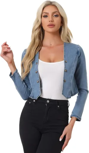 Allegra K Denim Collarless Jackets for Women's Cropped Double Breasted Open Front Jean Cardigan