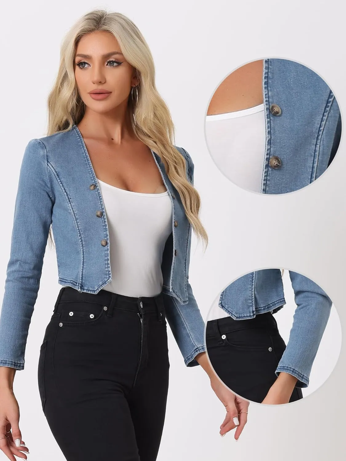 Allegra K Denim Collarless Jackets for Women's Cropped Double Breasted Open Front Jean Cardigan