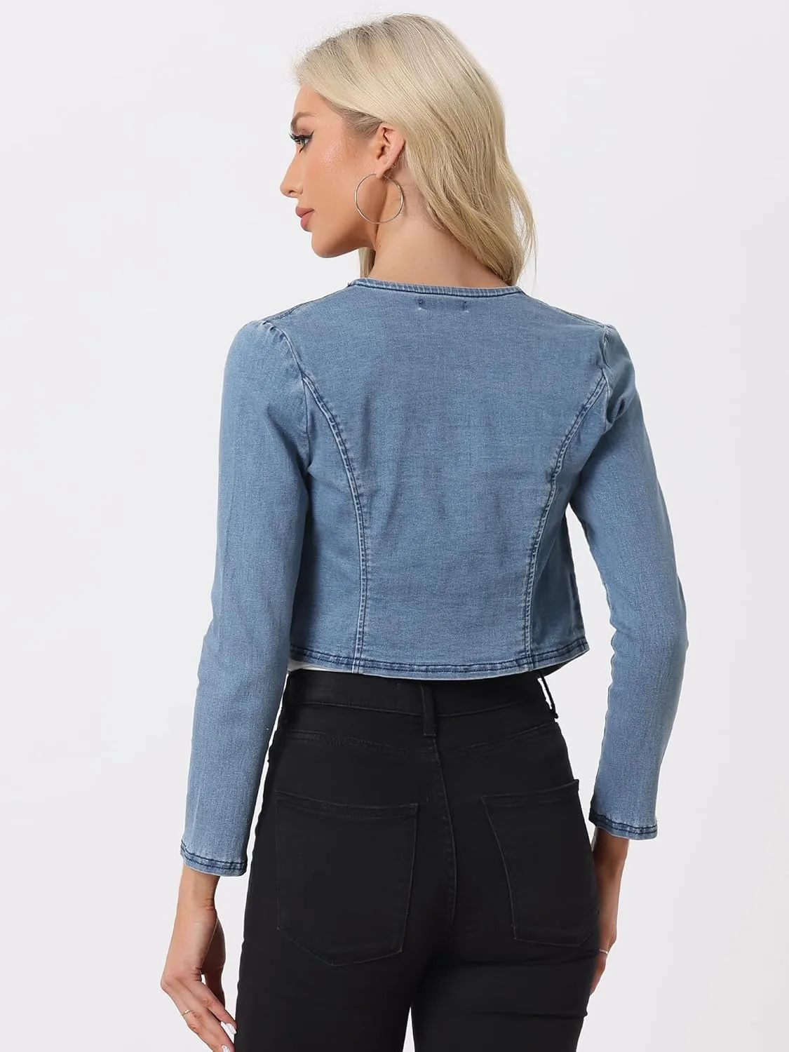 Allegra K Denim Collarless Jackets for Women's Cropped Double Breasted Open Front Jean Cardigan