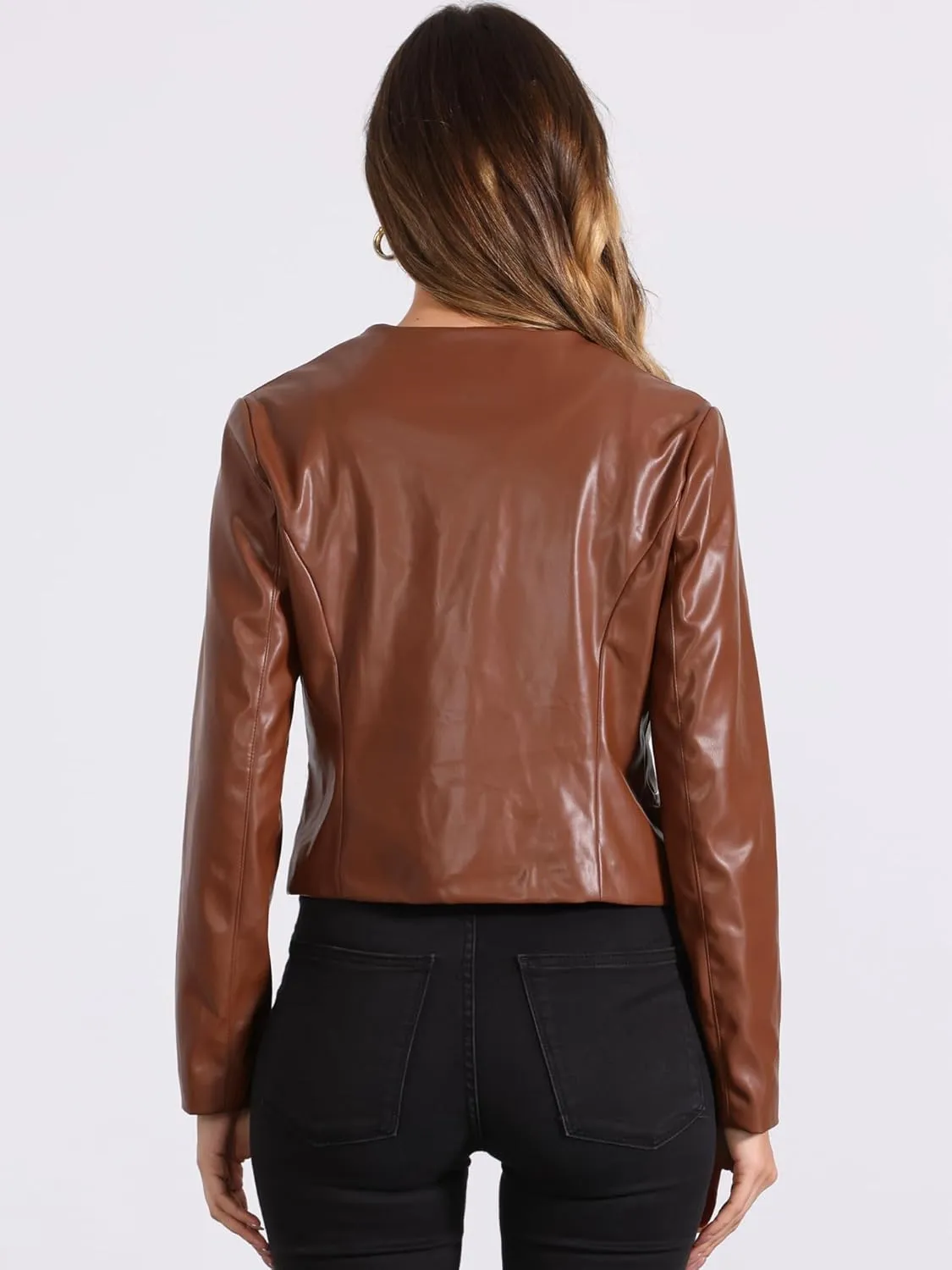 Allegra K Faux Leather Crop Blazer for Women's Collarless Open Front PU Moto Biker Jackets