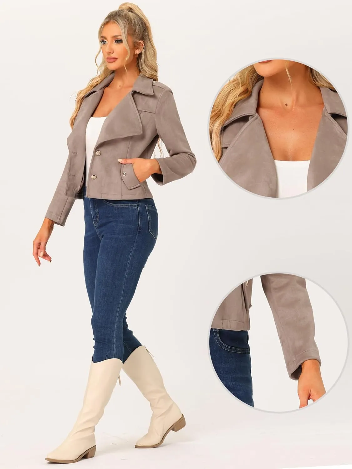 Allegra K Faux Suede Jackets for Women's 2024 Spring Casual Button Down Cropped Jacket
