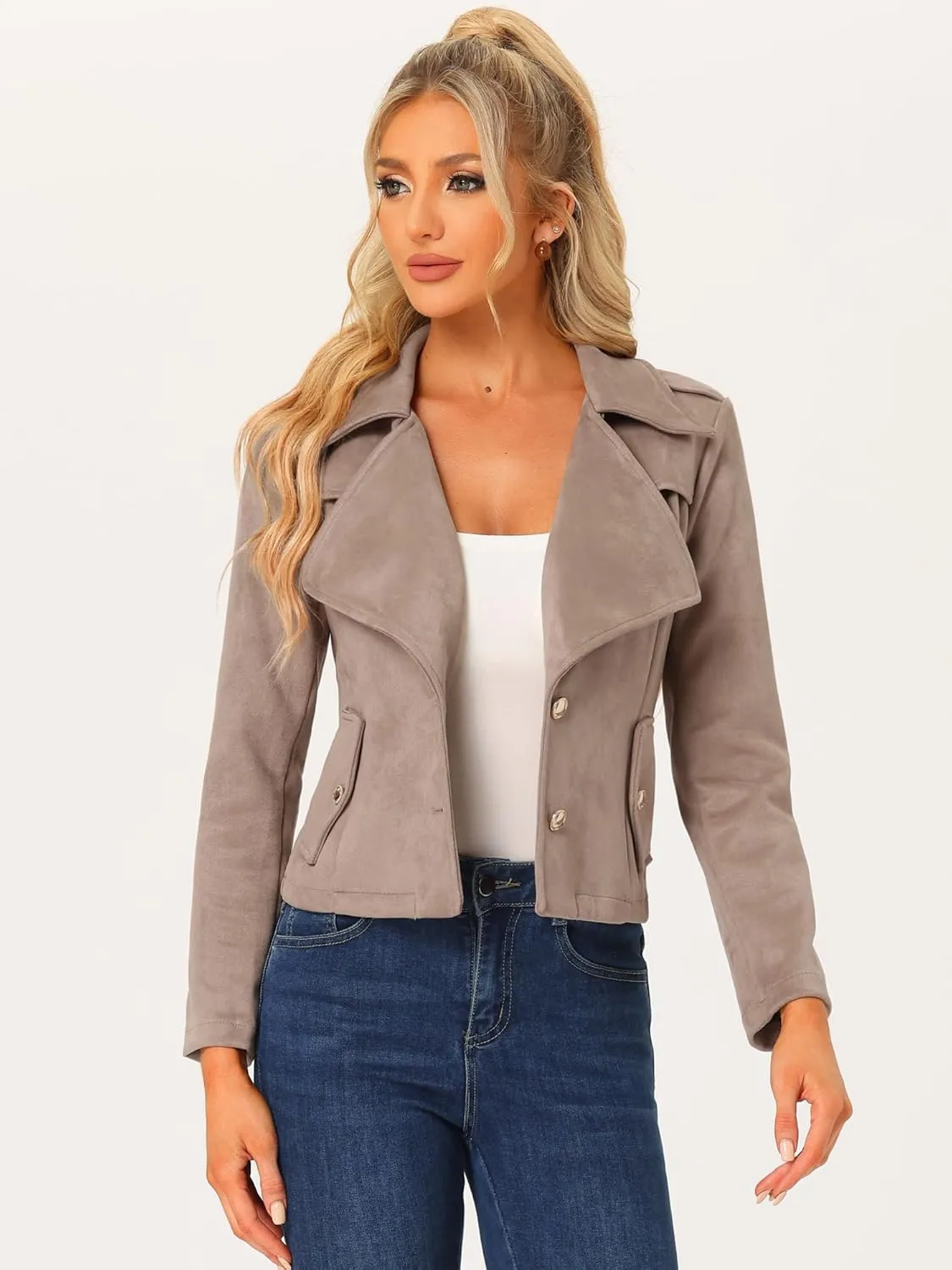 Allegra K Faux Suede Jackets for Women's 2024 Spring Casual Button Down Cropped Jacket