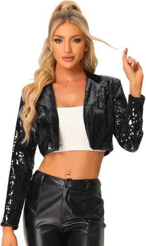 Allegra K Sequin Jackets for Women's Lapel Collared Open Front Cardigan Sparkly Evening Blazer Jacket