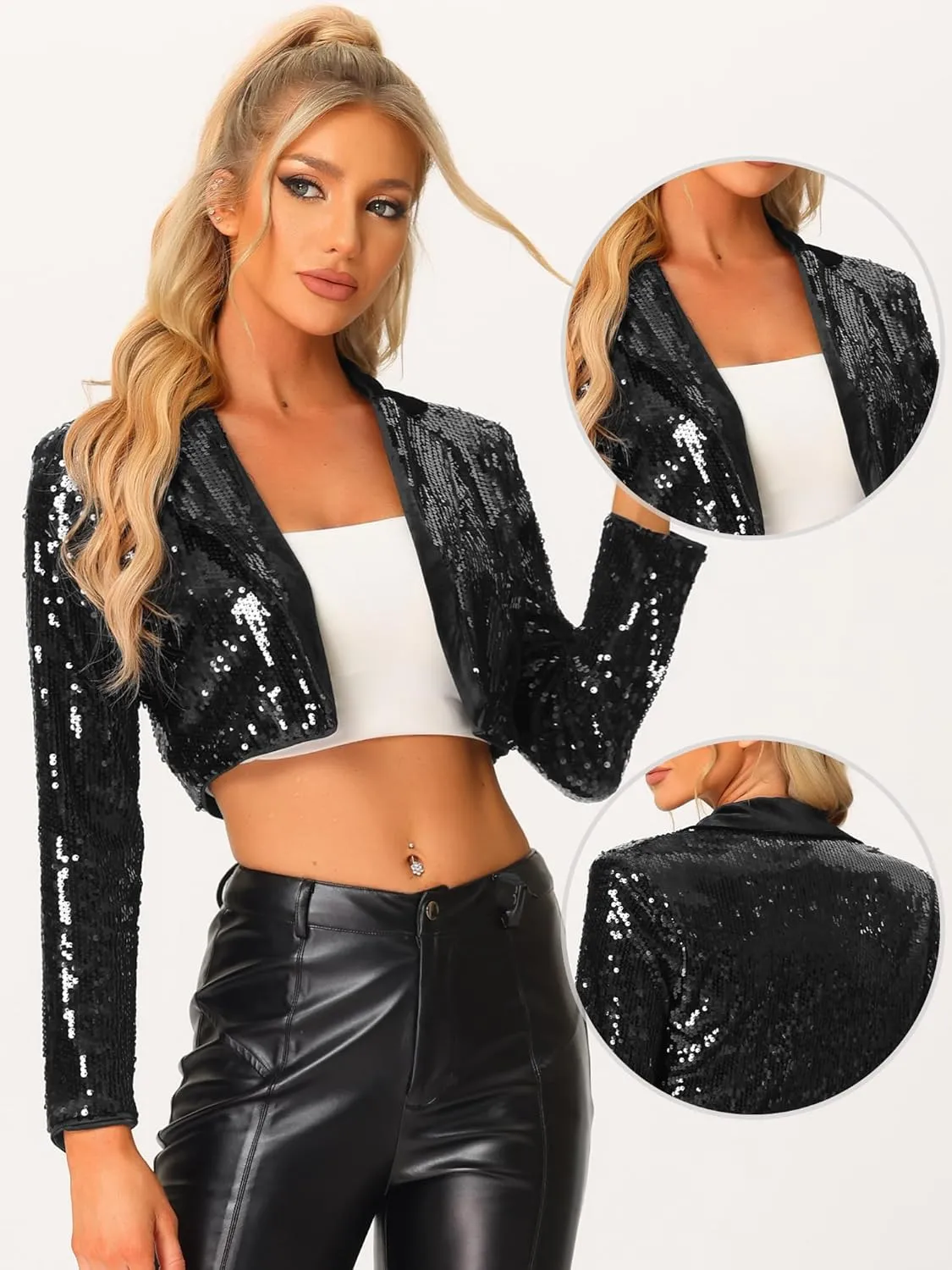 Allegra K Sequin Jackets for Women's Lapel Collared Open Front Cardigan Sparkly Evening Blazer Jacket