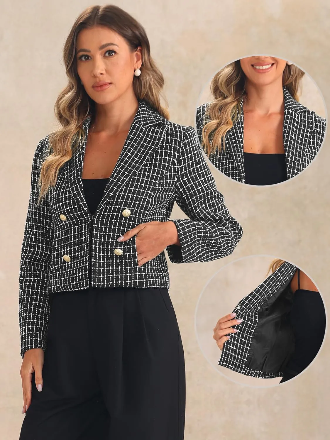 Allegra K Tweed Cardigan for Women's Notch Lapel Buttons Office Long Sleeve Casual Blazer Jackets