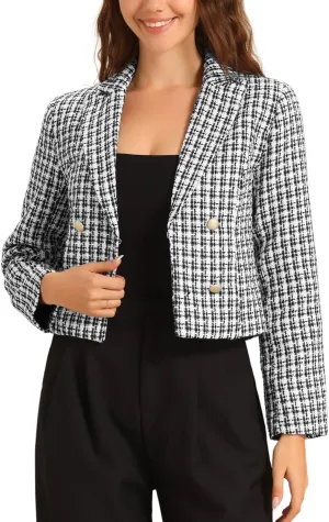 Allegra K Tweed Cardigan for Women's Notch Lapel Buttons Office Long Sleeve Casual Blazer Jackets