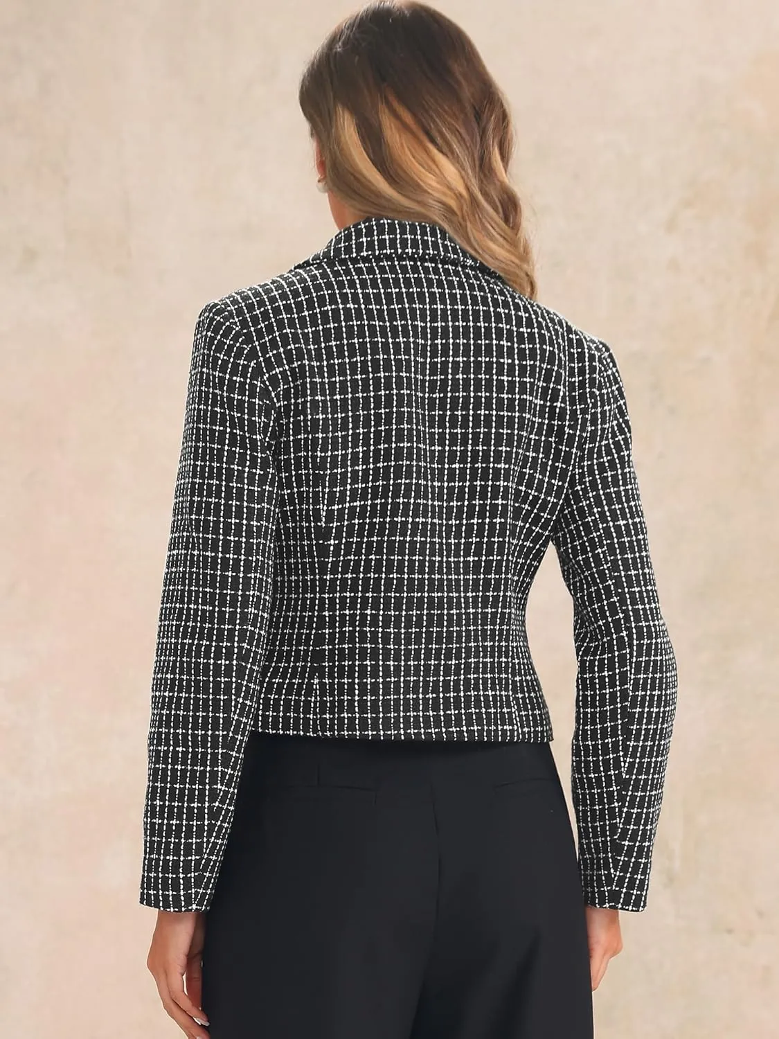 Allegra K Tweed Cardigan for Women's Notch Lapel Buttons Office Long Sleeve Casual Blazer Jackets