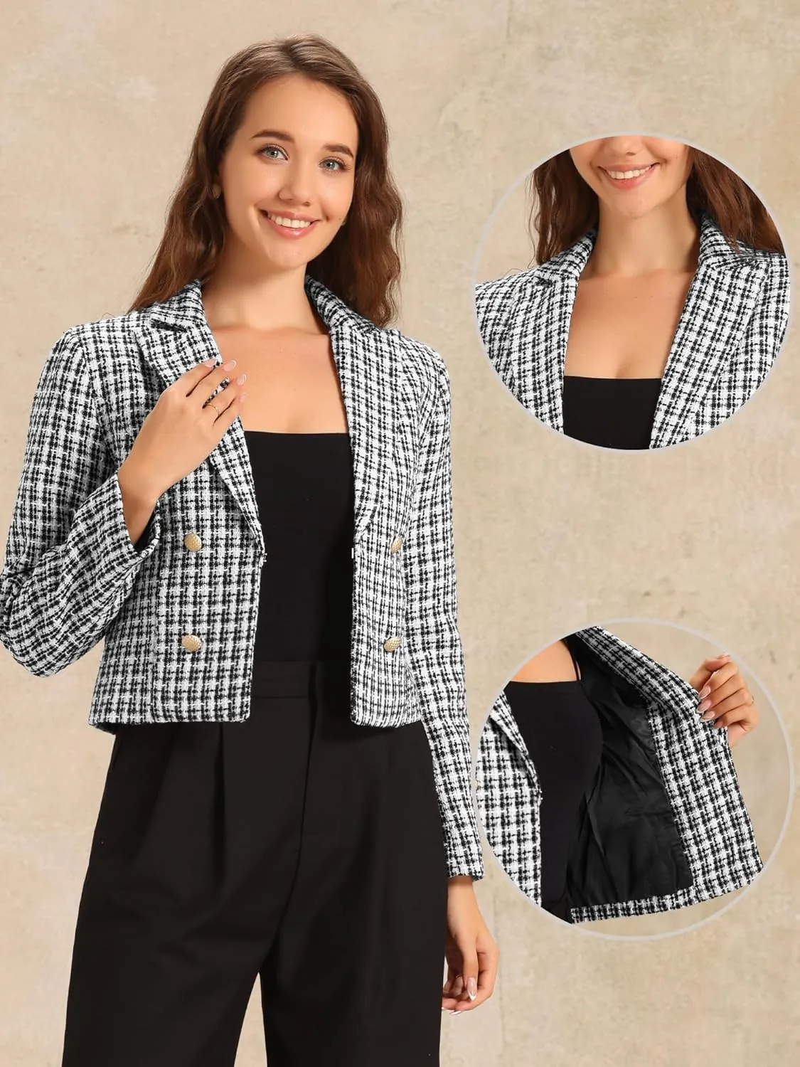 Allegra K Tweed Cardigan for Women's Notch Lapel Buttons Office Long Sleeve Casual Blazer Jackets