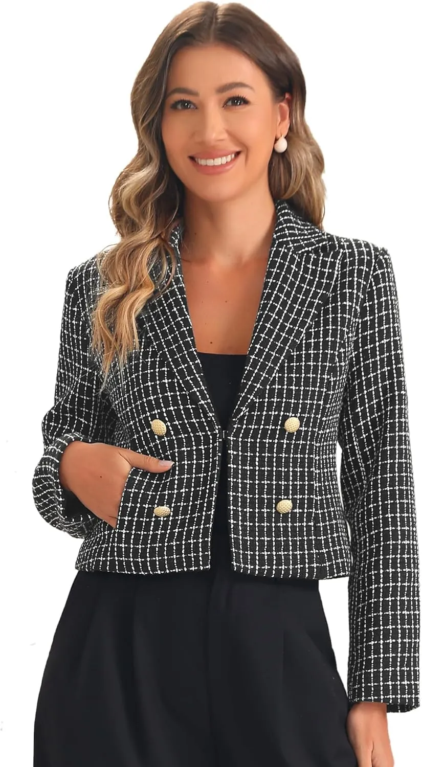 Allegra K Tweed Cardigan for Women's Notch Lapel Buttons Office Long Sleeve Casual Blazer Jackets