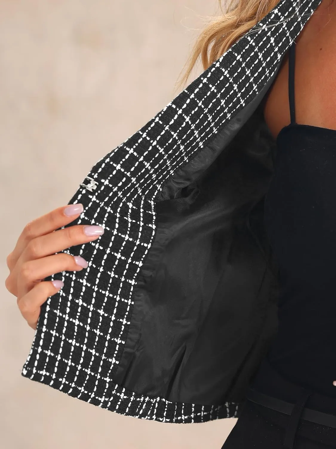Allegra K Tweed Cardigan for Women's Notch Lapel Buttons Office Long Sleeve Casual Blazer Jackets