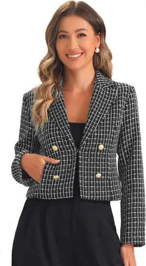 Allegra K Tweed Cardigan for Women's Notch Lapel Buttons Office Long Sleeve Casual Blazer Jackets