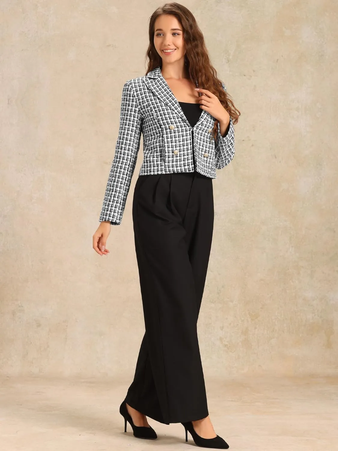 Allegra K Tweed Cardigan for Women's Notch Lapel Buttons Office Long Sleeve Casual Blazer Jackets