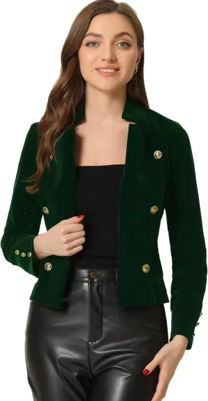 Allegra K Velvet Jacket for Women's Stand Collar Button Decor Open Front Vintage Jackets