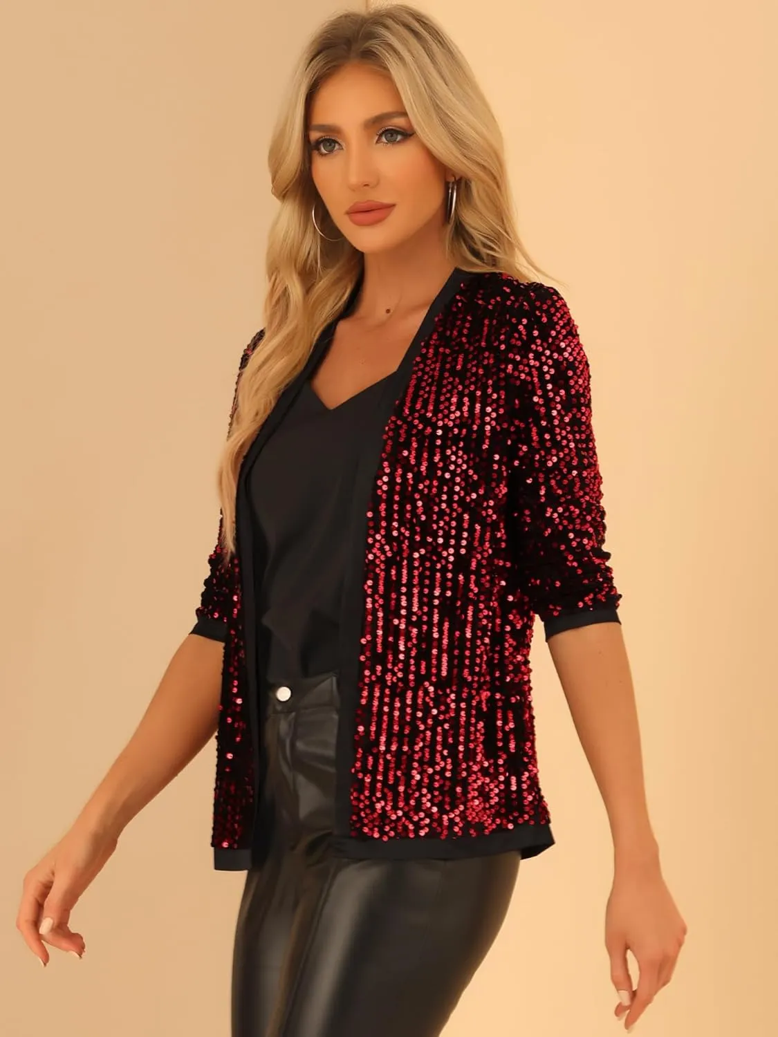 Allegra K Women's Sequin Cardigan 3/4 Sleeve Open Front Sequin Jackets Velvet Party Cocktail Shrug