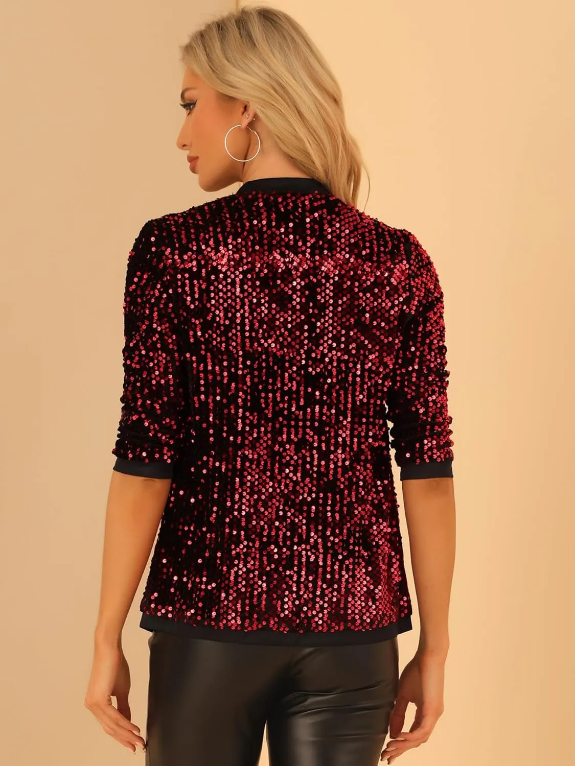 Allegra K Women's Sequin Cardigan 3/4 Sleeve Open Front Sequin Jackets Velvet Party Cocktail Shrug